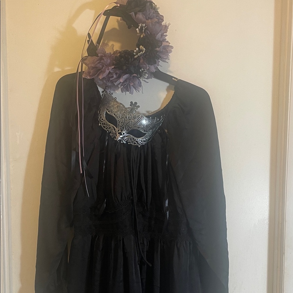 Black Gothic Tiered Long Sleeve Dress with Silver Masquerade Mask.